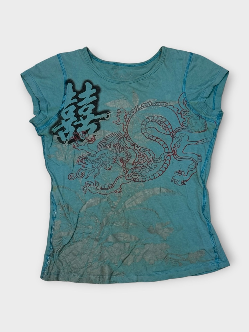 Cache Teeze Y2K Teal Dragon Graphic Baby Tee, Size S